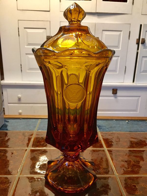 Vintage Fostoria Amber Glass Frosted Coin Footed Vase With Lid For