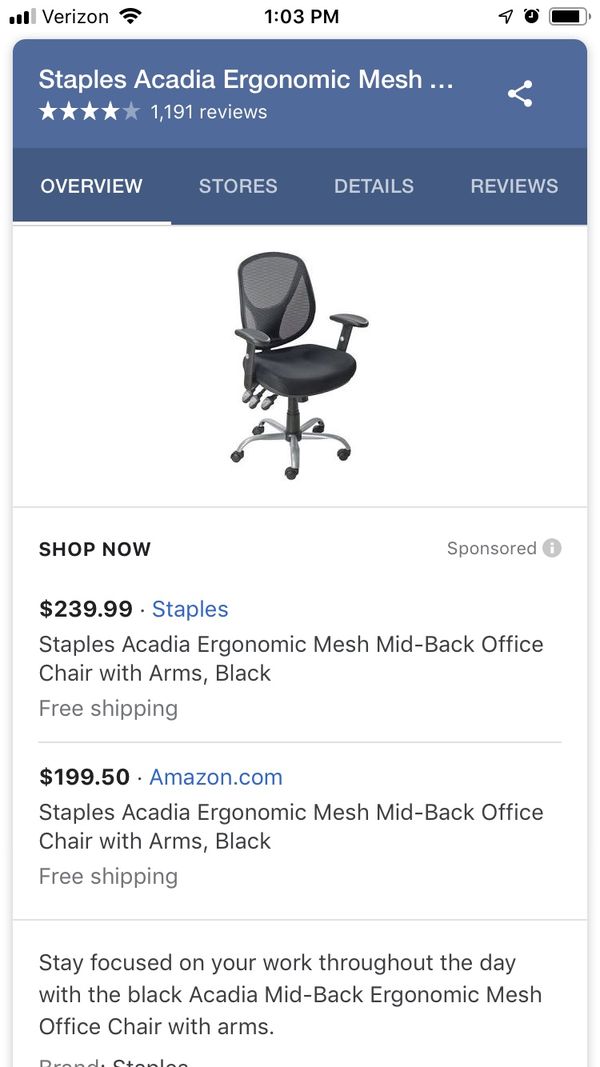 Staples Acadia Ergonomic Mesh Mid Back Office Chair Paid 240 New In Box For South Gate Ca Offerup