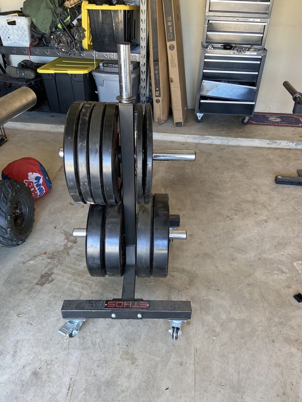 Garage gym ethos rack, chest bench, bench, 3 Olympic bars, and