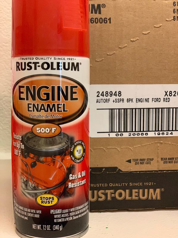 RustOleum new spray paint for Engine Enamel. Only 5.00 dls per can for