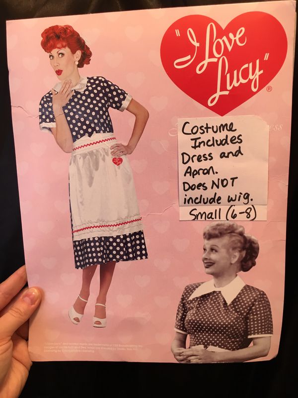 Lucille Ball Halloween Costume Including Blue Polka Dot Dress And “i Love Lucy” Apron Wig And