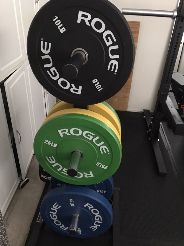 Rogue Fitness Colored Echo Bumpers with rep fitness weight tree for