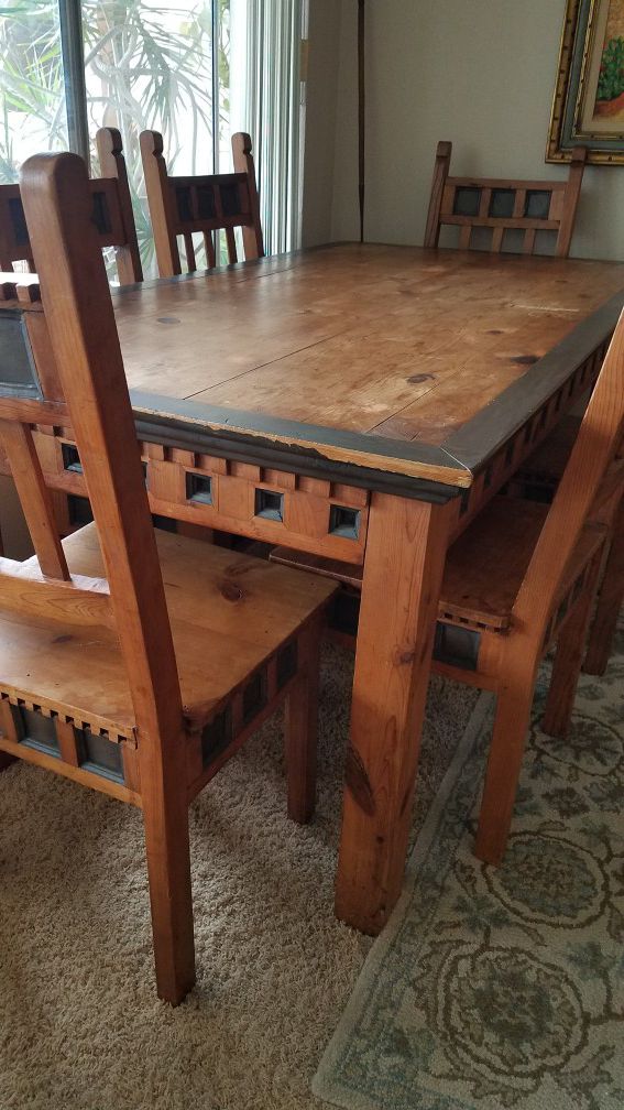 Mexican pine rustic dining table with 6 chairs unique pattern for Sale