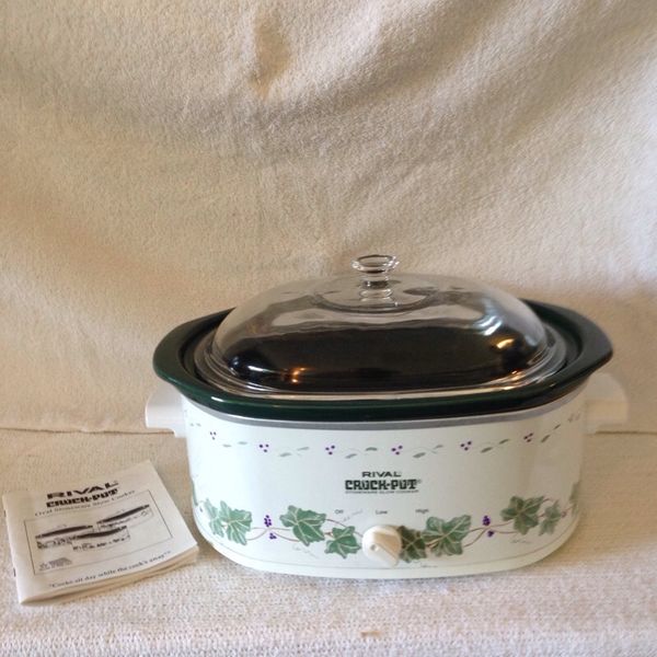 Vintage Rival GREEN IVY Crock Pot OVAL Model 3745 Slow Cooker 4.5 Qt w ...