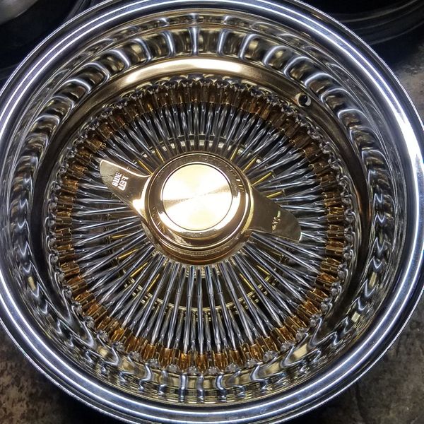 Gold nipples gold hub and gold knock offs 13x7 100 spoke wire wheels ...