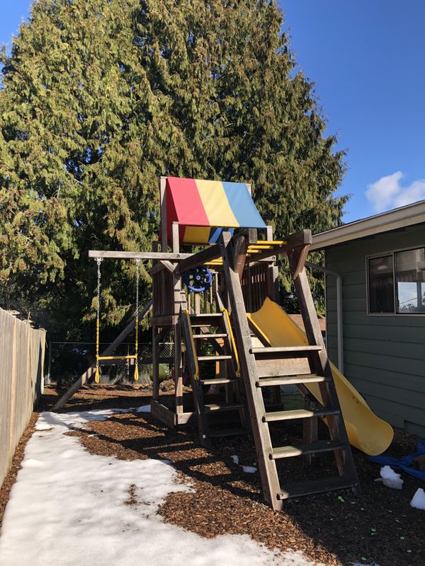 Rainbow Play Systems Play Structure, Wooden Swing Set for Sale in