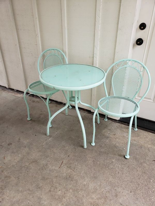 Outdoor bistro chair and table patio set. Teal, turquoise, mint green