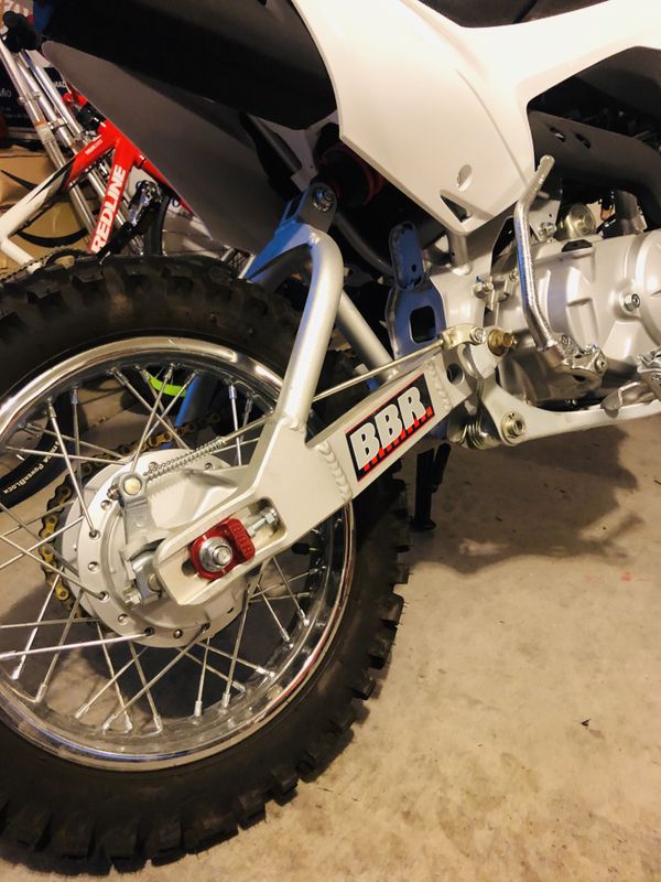 CRF 110, KLX 110 aftermarket adult upgrades, BBR swingarm, shocks, Bars