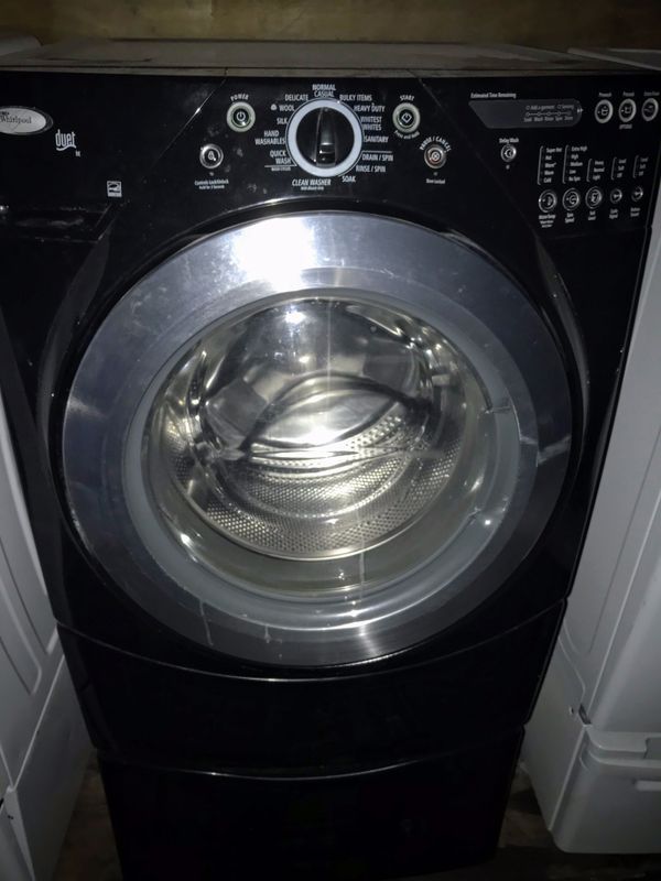 Whirlpool “Black” washer & gas dryer Front loading on pedestals 500