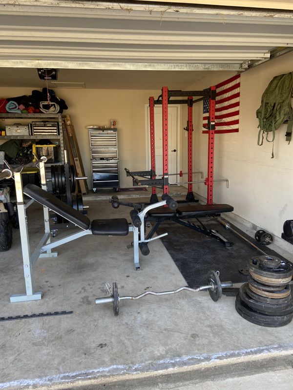 Garage gym ethos rack, chest bench, bench, 3 Olympic bars, and