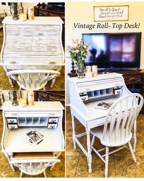 Vintage Shabby Chic Roll Top Secretary Desk And Chair Chalk
