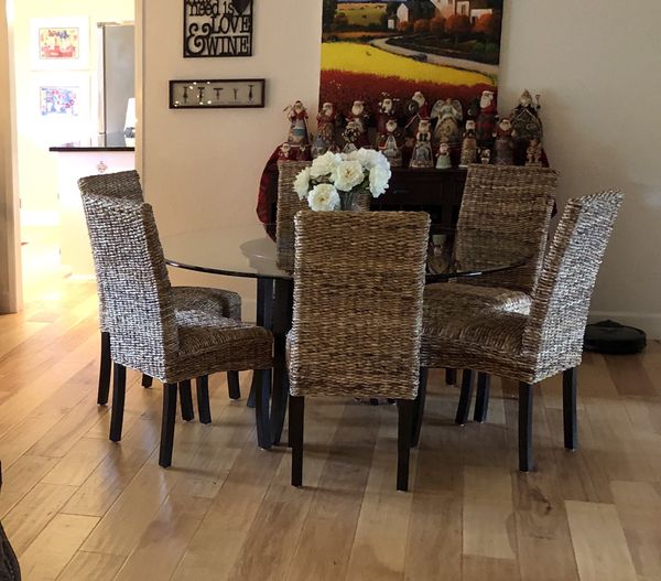 Crate and Barrel Halo 60” Glass Dining Table and 6 Wicker Chairs for