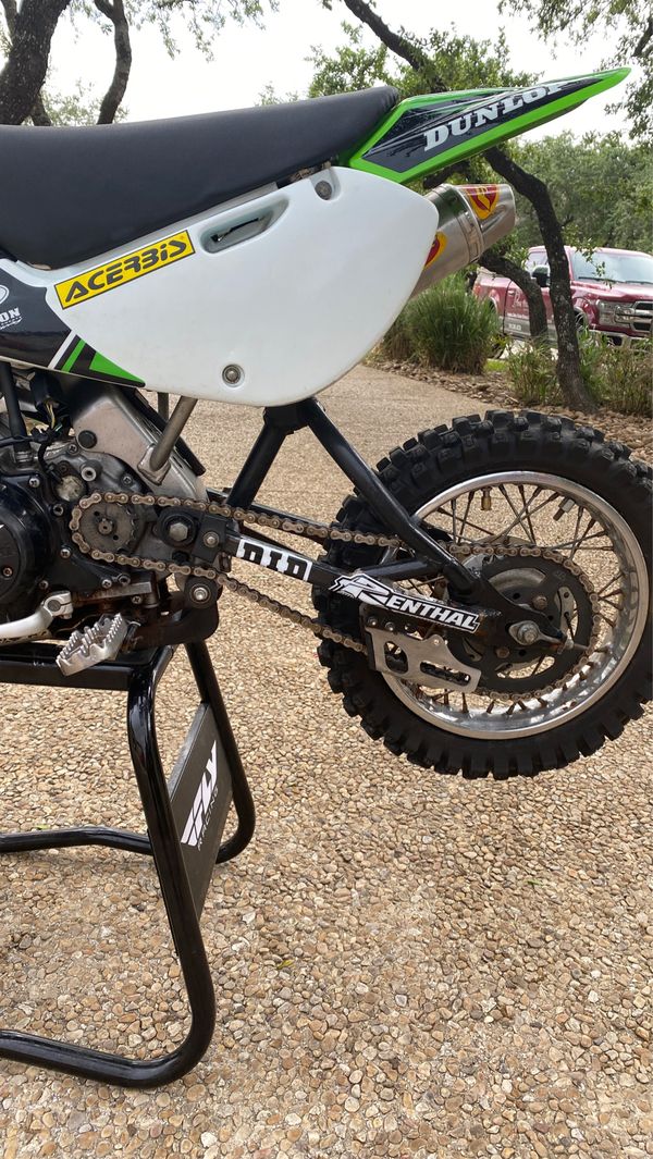 Klx 110 frame w 143 big bore engine, pro circuit pipe, and kx 65 forks