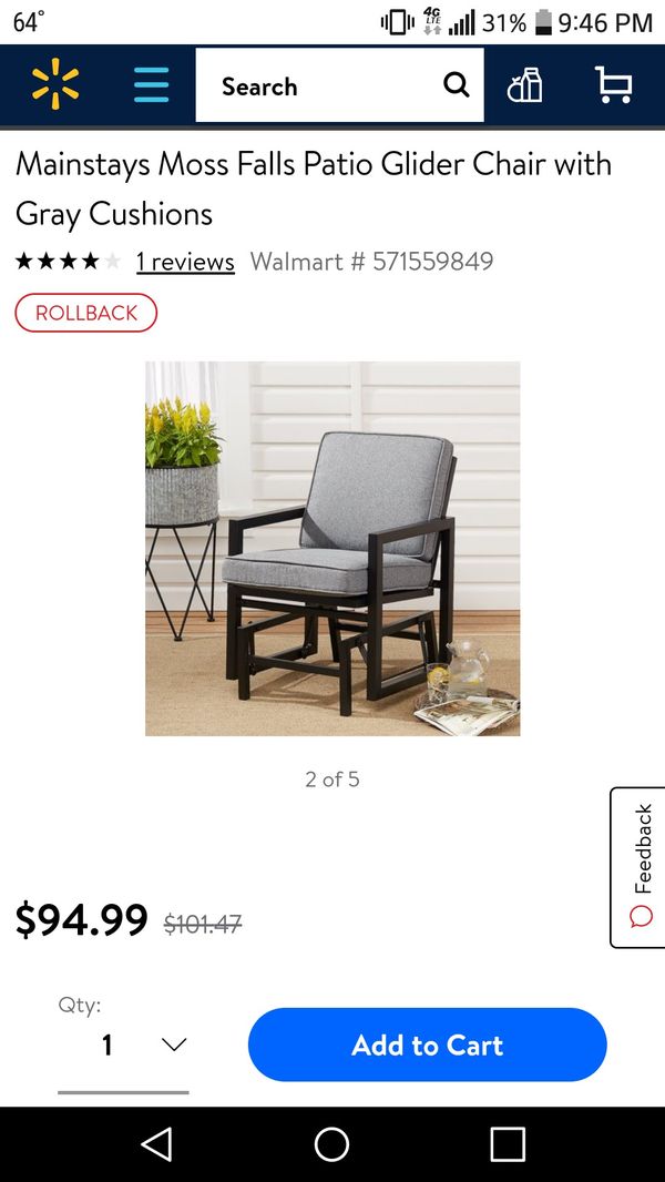 Mainstays Moss Falls Patio Glider Chair With Gray Cushions For Sale In El Paso Tx Offerup