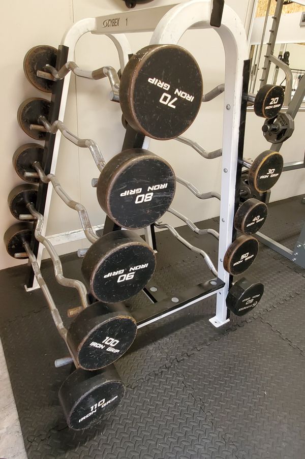 Iron Grip EZ Curl fixed barbell set 20110lbs includes Rack for Sale in