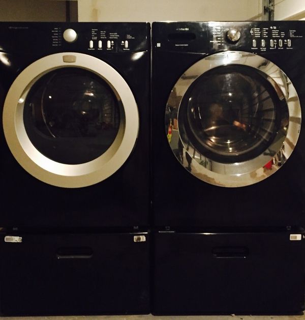 Black Frigidaire Affinity Front Load Washer & Dryer with Pedestals for