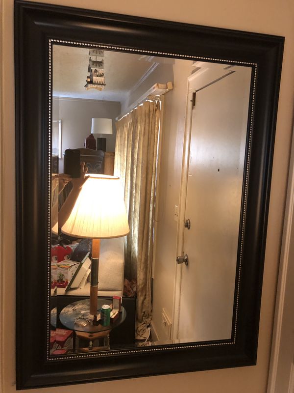 Big black mirror with silver stud bling around frame 42” x 30” for