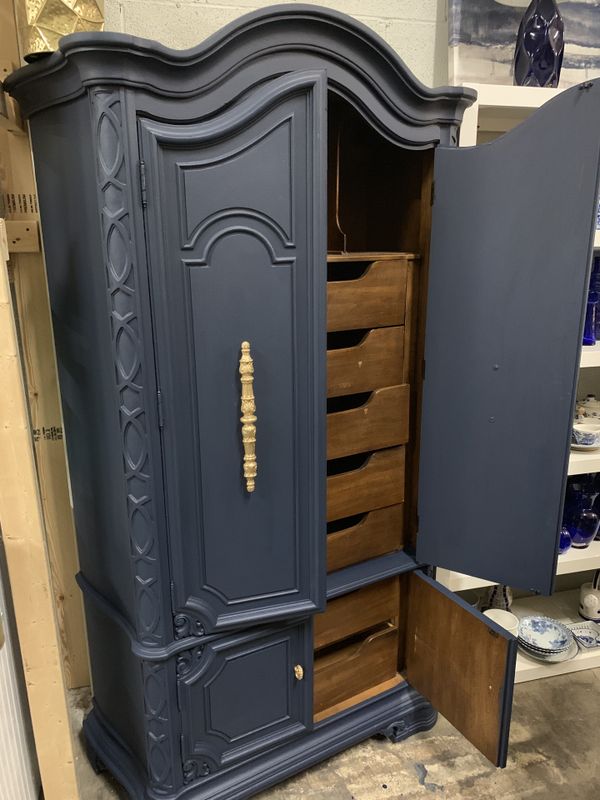 Refinished Antique Navy Blue Armoire with Gold Hardware for Sale in