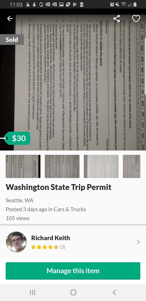 Washington State Trip Permit for Sale in Seattle, WA OfferUp