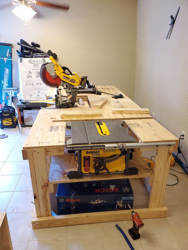 workbench with table saw and miter saw