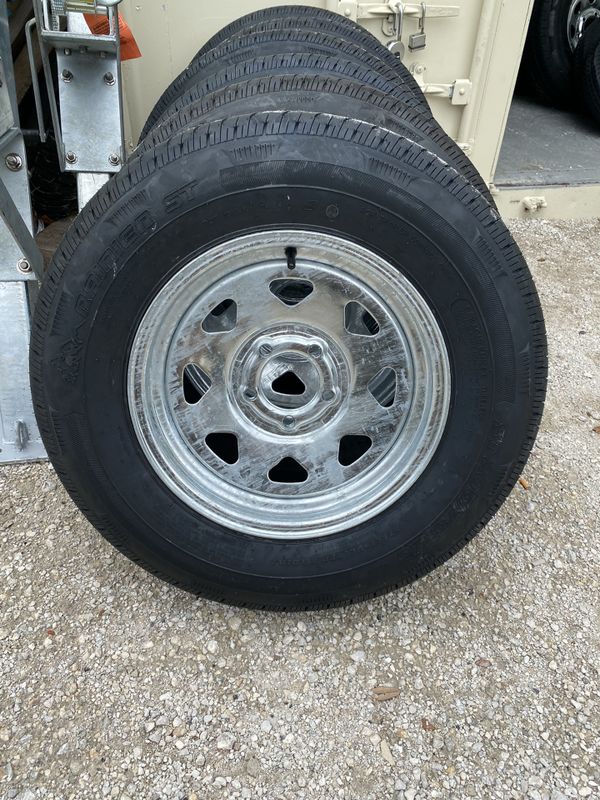 New 205-75-15inch Trailer Tires On 5-lug Galvy Rims $100 Each For Sale 