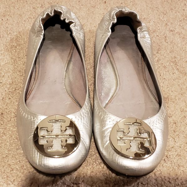 tory burch metallic reva ballet flat silver