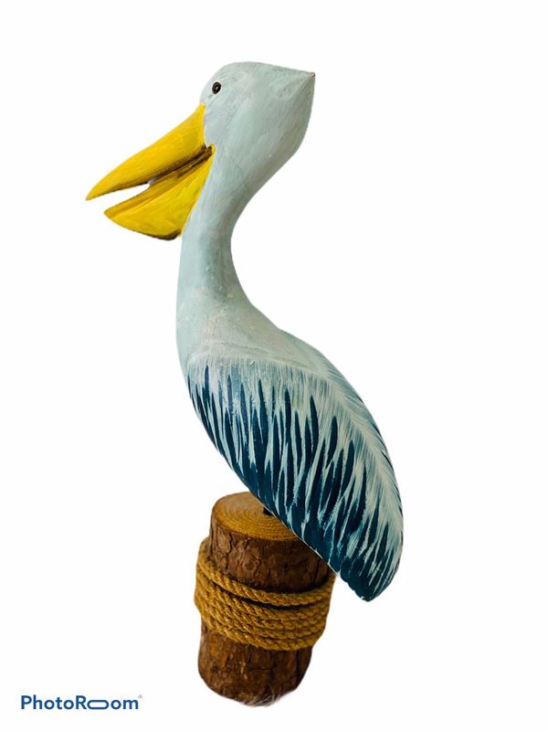 Hand Carved Sculpture Statue Wooden Pelican on Wood Piling, Tropical