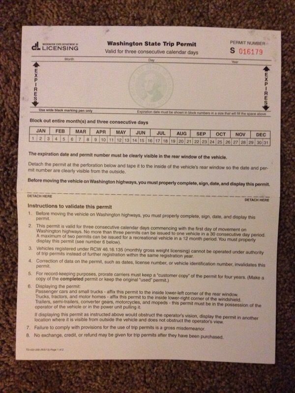 UNUSED Washington State Trip Permit for Sale in Tacoma, WA - OfferUp