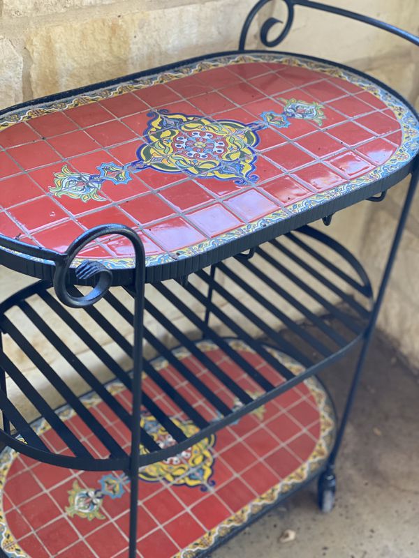 Wrought iron outdoor mosaic table set with 2 chairs and bar cart for