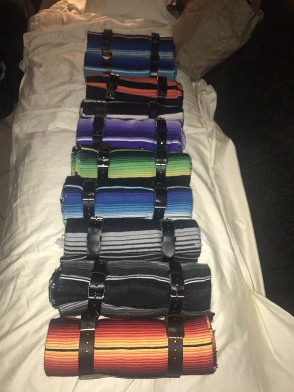 Authentic Mexican Serape blanket rolls with leather straps for Harley