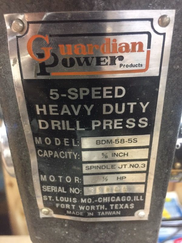 Guardian Power 5 speed heavy duty drill press modelBDM585s, 5/8" spindle Jt. no. 3, 1/2 HP