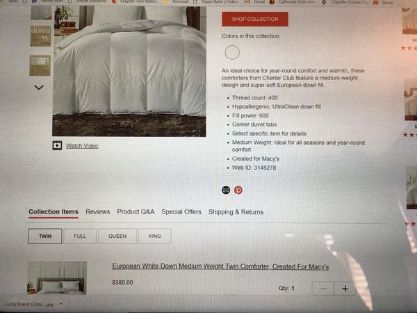 Full Queen Charter Club Vail Collection Level 3 European White