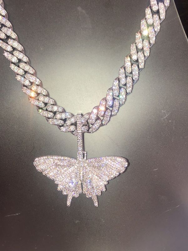 Iced out white gold filled Miami Cuban link chain necklace Butterfly ...