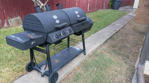 Char Griller Texas Trio 3 Burner Dual Fuel Grill With Smoker In Open In The Continue To Mobile Website