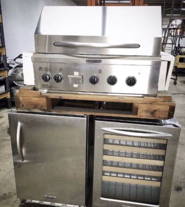 Complete Brand New Stainless Steel Outdoor KitchenAid set. 36" BBQ Grill, Refrigerator, Wine