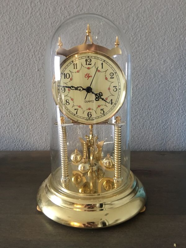 Elgin Brass Anniversary Clock Glass Dome Quartz Mantle Clock Made