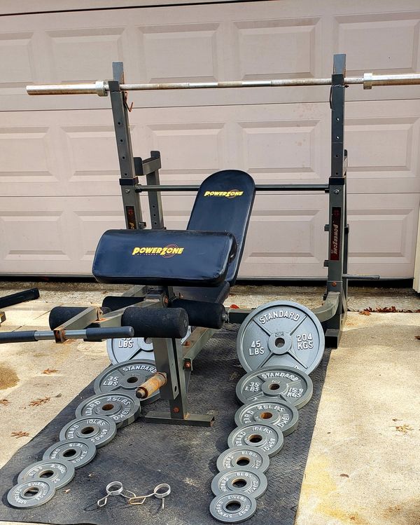 300 POUND WEIGHT SET, OLYMPIC BAR, PREACHER CURL ATTACHMENT, LEG RAISE