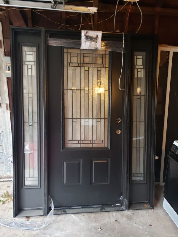 Pella 3/4 Lite LeftHand Inswing Prestained Dark Mahogany Stained Fiberglass Prehung Entry Door