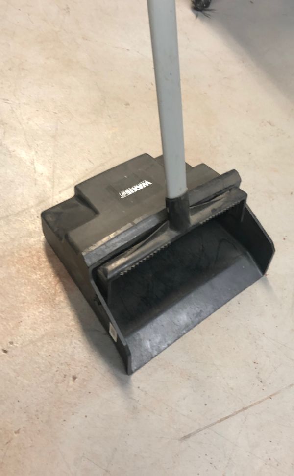 Waxie industrial dust pan with handle and pivoting debris bucket for