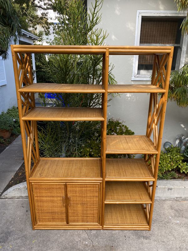 Vintage Boho Rattan Bamboo Wicker Shelf Etagere Shelving Unit Display