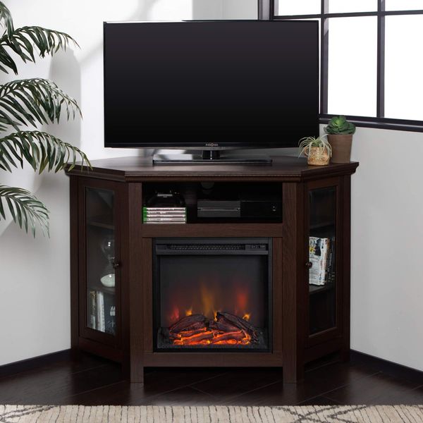 Corner Electric Fire Logs TV Storage Stand in Black, White Wood