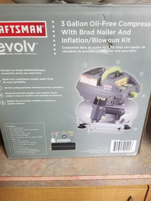 Craftsman Evolv 3 gallon air compressor and Brad nailer for Sale in
