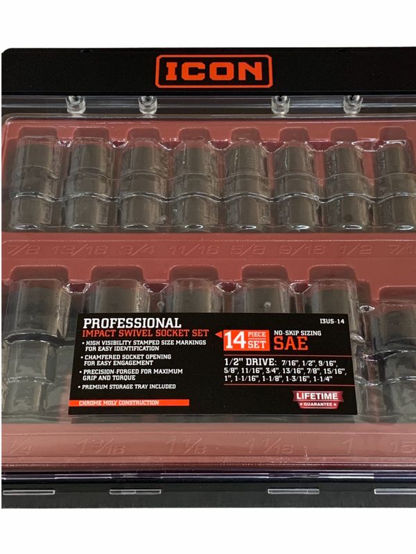 Icon 1/2 inch SAE Professional Impact Swivel Socket Set 14pcs 13US14