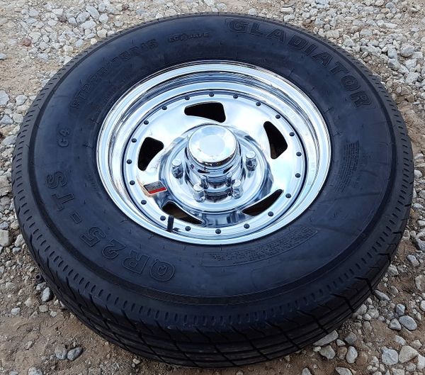 Chrome Blade Trailer Wheels and Tires 15" 6 Lug with 225/75/R15 10 Ply Gladiator for Sale in