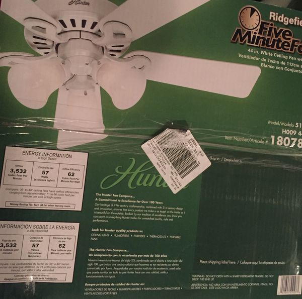 Brand New Never Opened Hunter Ridgefield White Ceiling Fan With