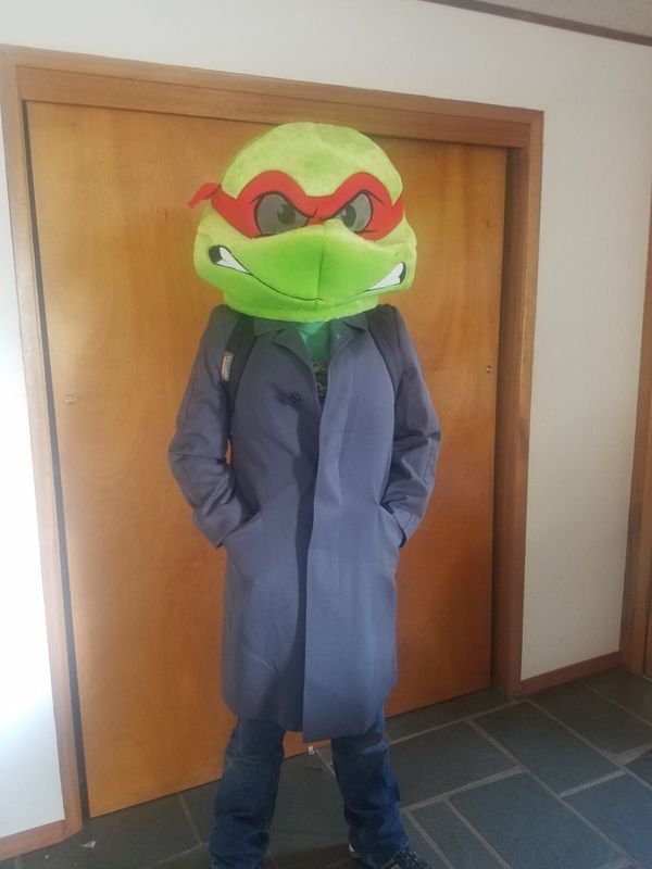 Tmnt Raphael Adult Halloween Costume custom with discontinued big head, trench coat and backpack