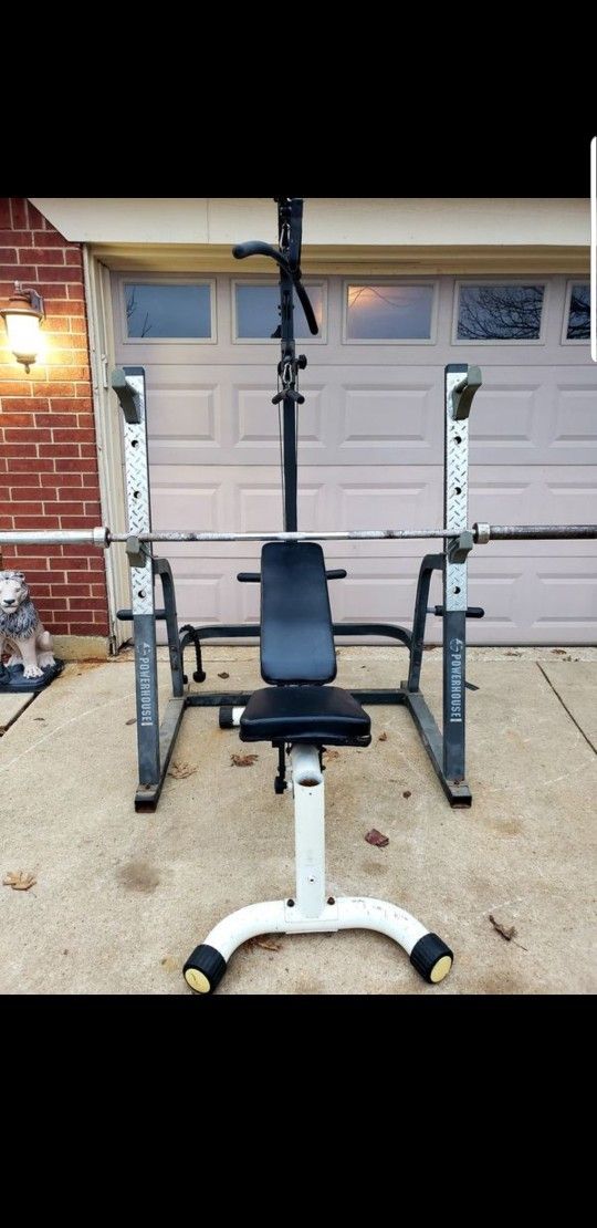 POWERHOUSE OLYMPIC WEIGHT BENCH WITH LAT PULLDOWN, ROWBAR, 45LB BAR AND ...