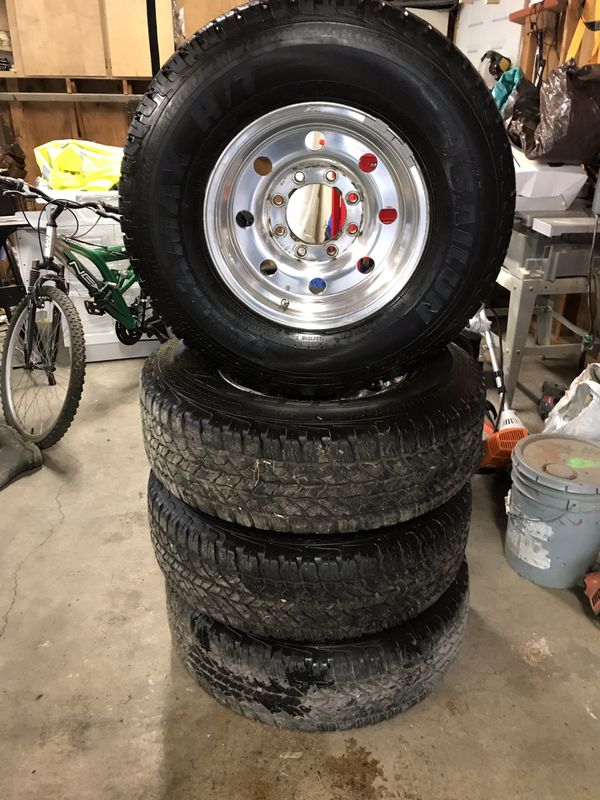 Les Schwab tires Terramax H/T. Size LT265/75R16 rims fit late 90’s f250