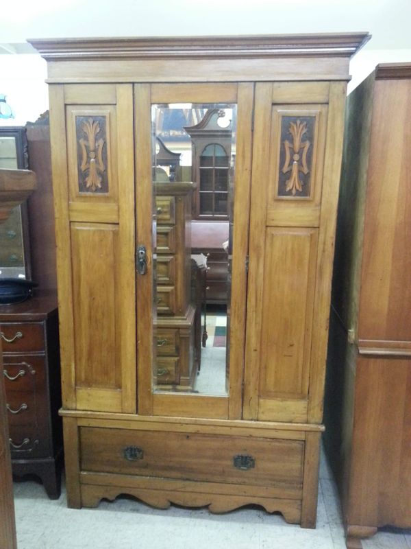 Antique Wardrobe Closet With Shelves, Beveled Mirror and Lower Drawer