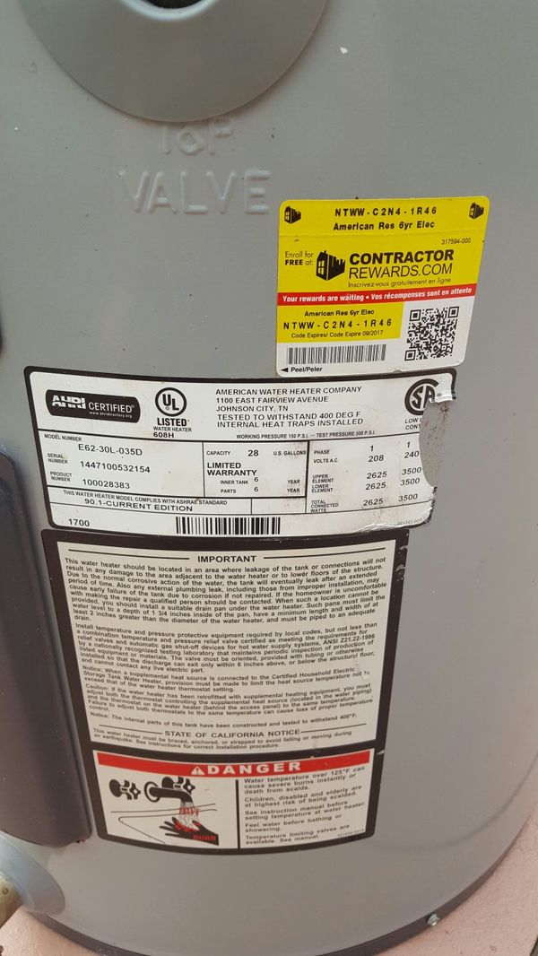American Proline 28 Gallon Water Heater in Excellent Condition for Sale